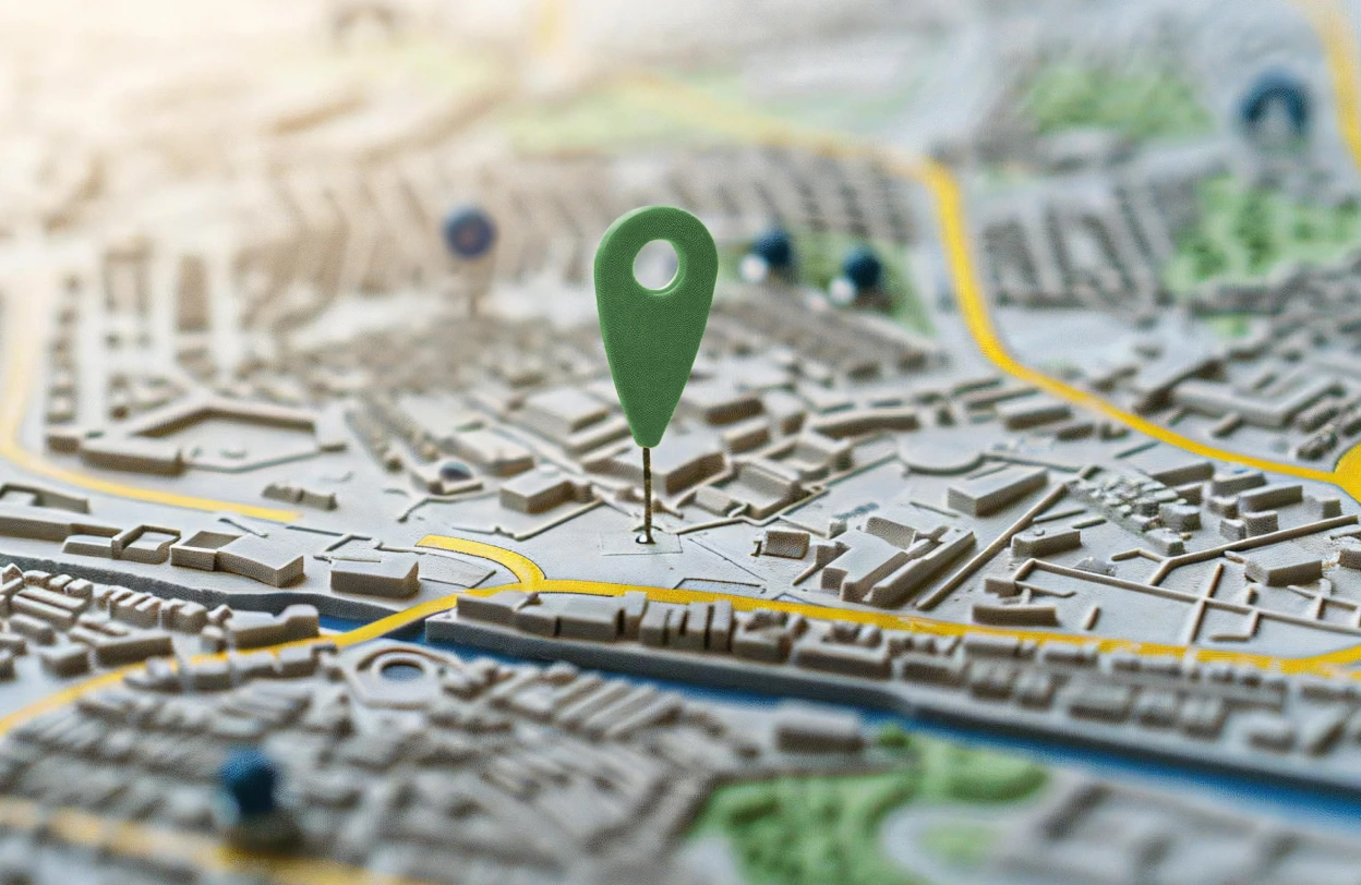 A drop pin on a city-scape